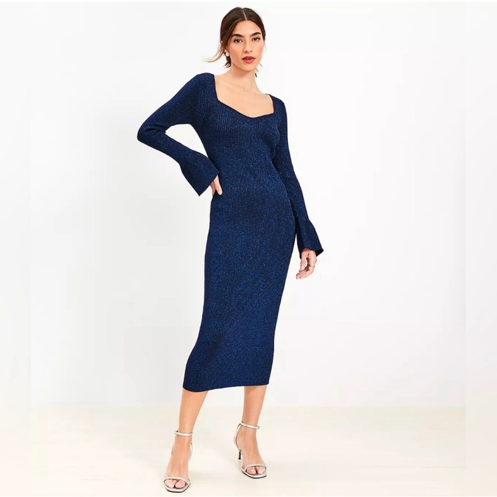 🫐NWT🫐 Loft Ribbed Trumpet Sleeve Midi Sweater dress